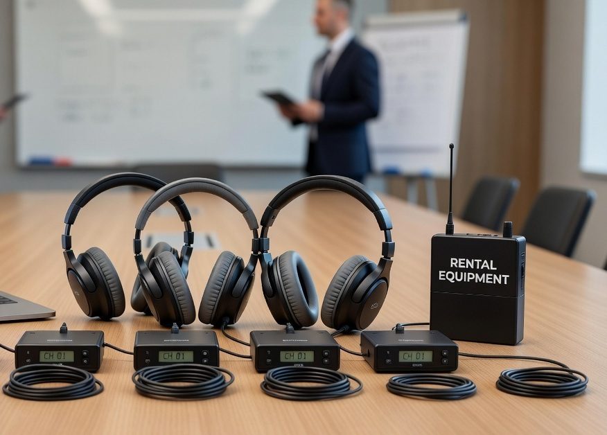 Equipamentos de tradução simultânea sobre mesa de conferência
